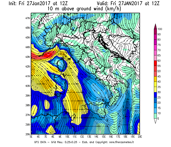 Mappa di analisi GFS - Velocità del vento a 10 metri dal suolo [km/h] in Italia
									del 27/01/2017 12 <!--googleoff: index-->UTC<!--googleon: index-->