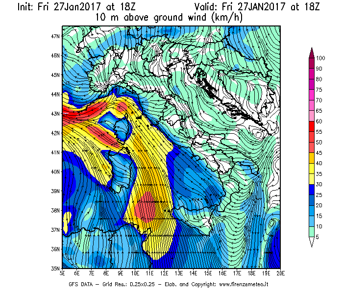 Mappa di analisi GFS - Velocità del vento a 10 metri dal suolo [km/h] in Italia
									del 27/01/2017 18 <!--googleoff: index-->UTC<!--googleon: index-->