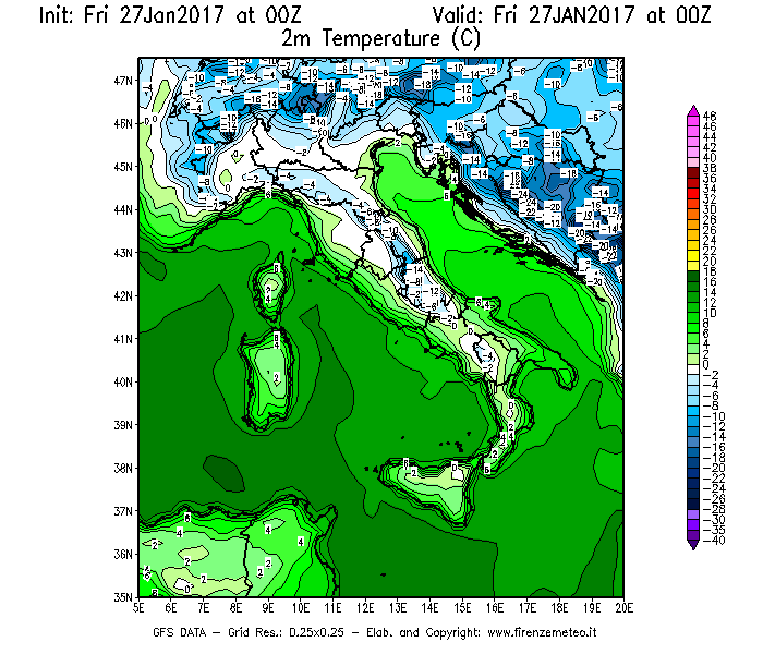 Mappa di analisi GFS - Temperatura a 2 metri dal suolo [°C] in Italia
									del 27/01/2017 00 <!--googleoff: index-->UTC<!--googleon: index-->