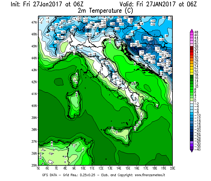 Mappa di analisi GFS - Temperatura a 2 metri dal suolo [°C] in Italia
									del 27/01/2017 06 <!--googleoff: index-->UTC<!--googleon: index-->