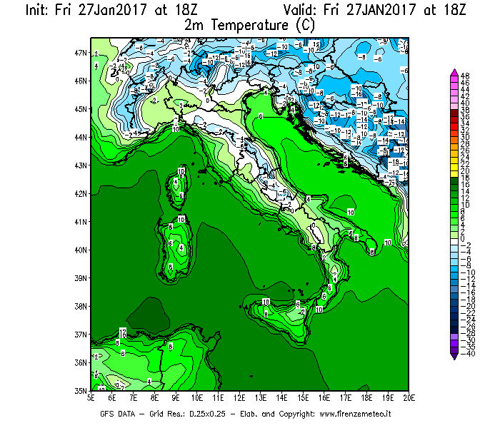 Mappa di analisi GFS - Temperatura a 2 metri dal suolo [°C] in Italia
									del 27/01/2017 18 <!--googleoff: index-->UTC<!--googleon: index-->