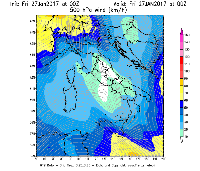 Mappa di analisi GFS - Velocità del vento a 500 hPa [km/h] in Italia
									del 27/01/2017 00 <!--googleoff: index-->UTC<!--googleon: index-->