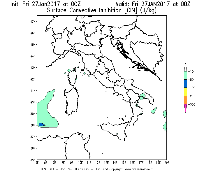 Mappa di analisi GFS - CIN [J/kg] in Italia
									del 27/01/2017 00 <!--googleoff: index-->UTC<!--googleon: index-->