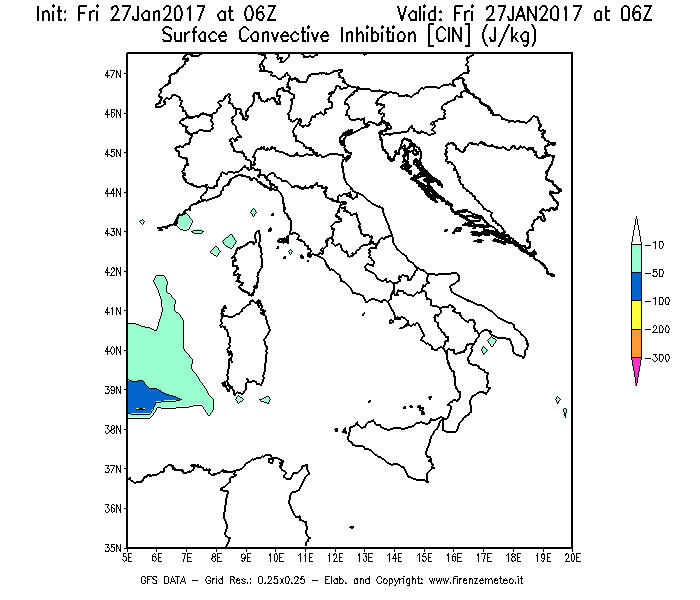 Mappa di analisi GFS - CIN [J/kg] in Italia
									del 27/01/2017 06 <!--googleoff: index-->UTC<!--googleon: index-->