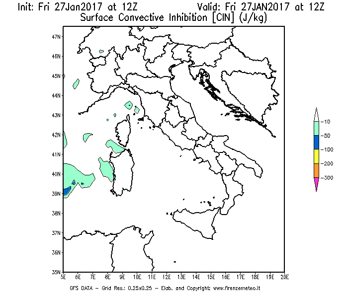 Mappa di analisi GFS - CIN [J/kg] in Italia
									del 27/01/2017 12 <!--googleoff: index-->UTC<!--googleon: index-->