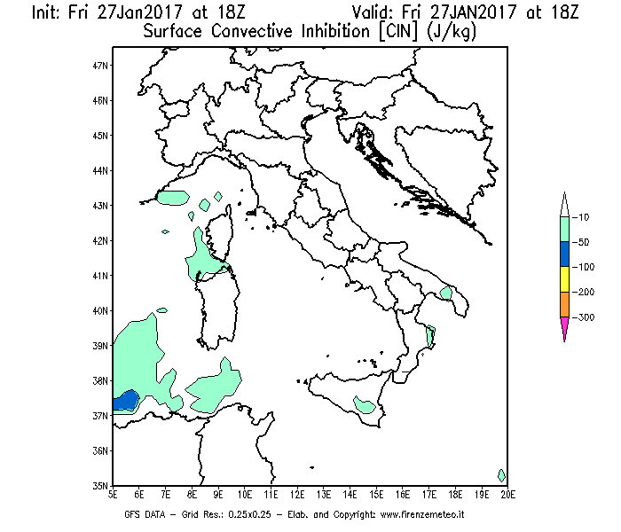 Mappa di analisi GFS - CIN [J/kg] in Italia
									del 27/01/2017 18 <!--googleoff: index-->UTC<!--googleon: index-->