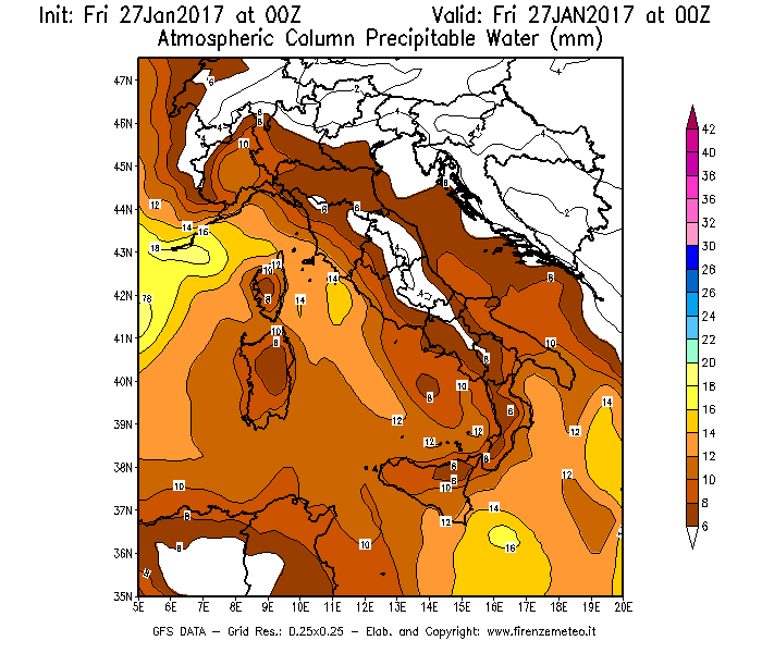 Mappa di analisi GFS - Precipitable Water [mm] in Italia
									del 27/01/2017 00 <!--googleoff: index-->UTC<!--googleon: index-->