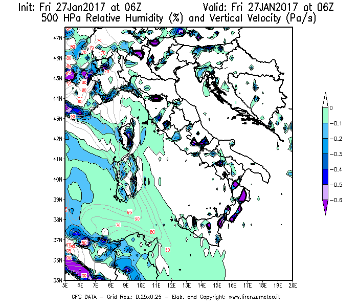 Mappa di analisi GFS - Umidità relativa [%] e Omega [Pa/s] a 500 hPa in Italia
									del 27/01/2017 06 <!--googleoff: index-->UTC<!--googleon: index-->