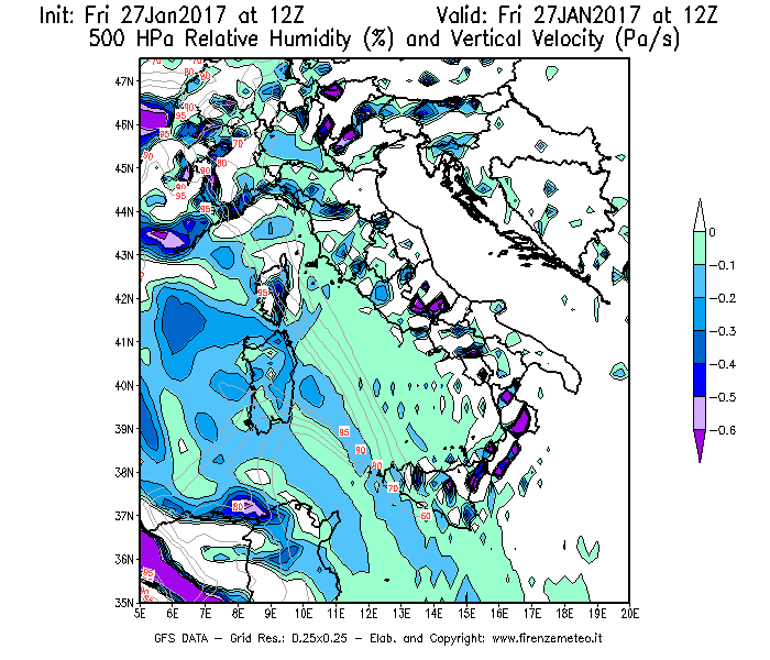 Mappa di analisi GFS - Umidità relativa [%] e Omega [Pa/s] a 500 hPa in Italia
									del 27/01/2017 12 <!--googleoff: index-->UTC<!--googleon: index-->
