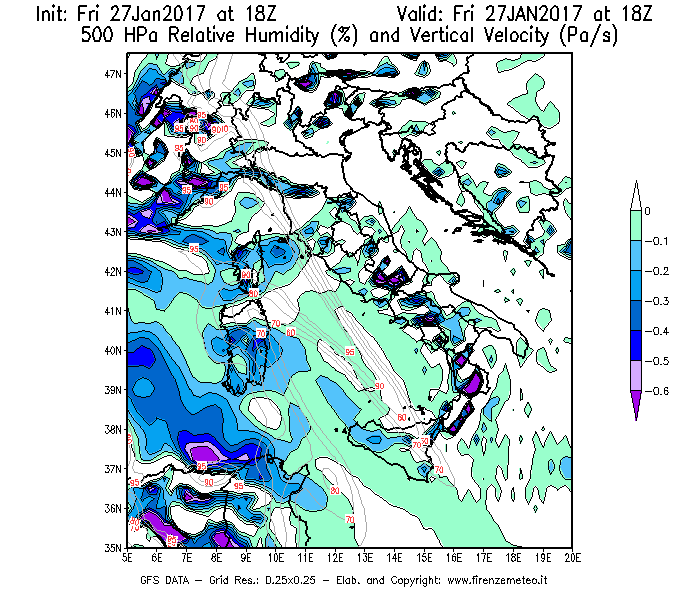 Mappa di analisi GFS - Umidità relativa [%] e Omega [Pa/s] a 500 hPa in Italia
									del 27/01/2017 18 <!--googleoff: index-->UTC<!--googleon: index-->