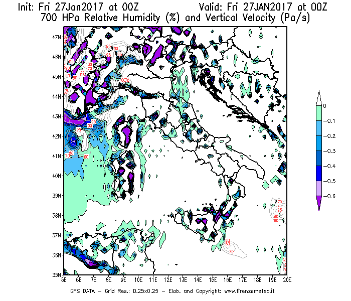 Mappa di analisi GFS - Umidità relativa [%] e Omega [Pa/s] a 700 hPa in Italia
									del 27/01/2017 00 <!--googleoff: index-->UTC<!--googleon: index-->