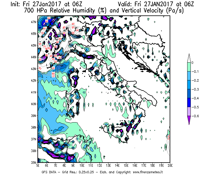 Mappa di analisi GFS - Umidità relativa [%] e Omega [Pa/s] a 700 hPa in Italia
									del 27/01/2017 06 <!--googleoff: index-->UTC<!--googleon: index-->