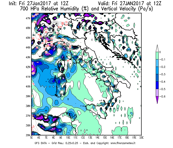 Mappa di analisi GFS - Umidità relativa [%] e Omega [Pa/s] a 700 hPa in Italia
									del 27/01/2017 12 <!--googleoff: index-->UTC<!--googleon: index-->