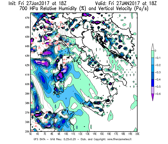 Mappa di analisi GFS - Umidità relativa [%] e Omega [Pa/s] a 700 hPa in Italia
									del 27/01/2017 18 <!--googleoff: index-->UTC<!--googleon: index-->