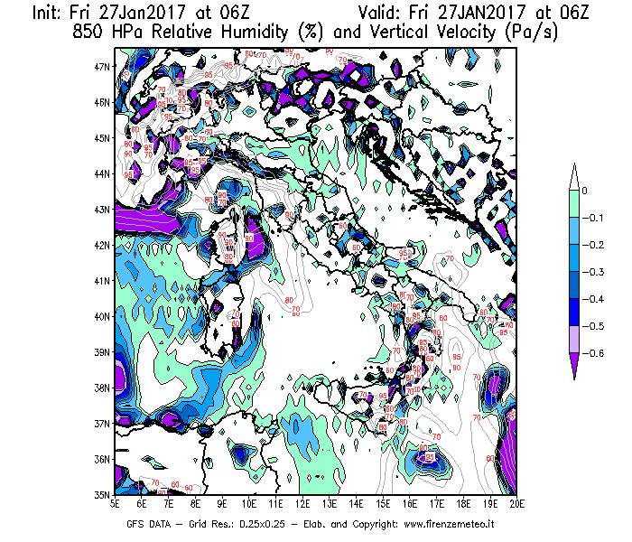 Mappa di analisi GFS - Umidità relativa [%] e Omega [Pa/s] a 850 hPa in Italia
									del 27/01/2017 06 <!--googleoff: index-->UTC<!--googleon: index-->