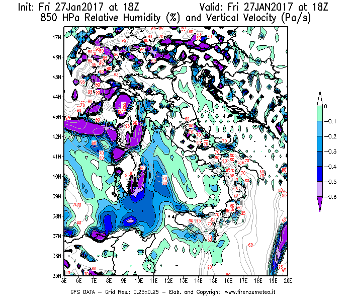 Mappa di analisi GFS - Umidità relativa [%] e Omega [Pa/s] a 850 hPa in Italia
									del 27/01/2017 18 <!--googleoff: index-->UTC<!--googleon: index-->