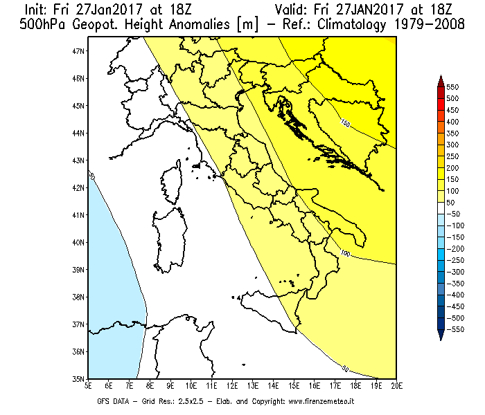 Mappa di analisi GFS - Anomalia di Geopotenziale a 500 hPa in Italia
									del 27/01/2017 18 <!--googleoff: index-->UTC<!--googleon: index-->