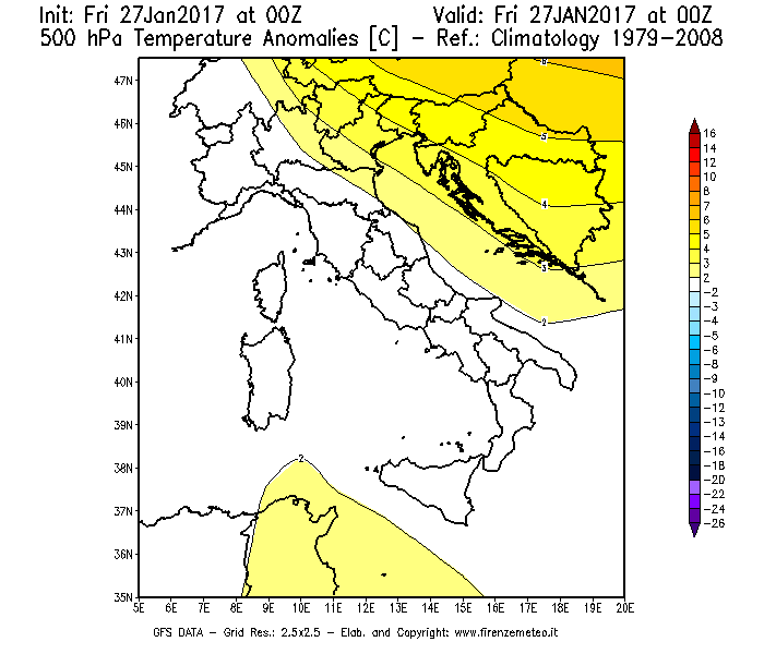 Mappa di analisi GFS - Anomalia Temperatura [°C] a 500 hPa in Italia
									del 27/01/2017 00 <!--googleoff: index-->UTC<!--googleon: index-->
