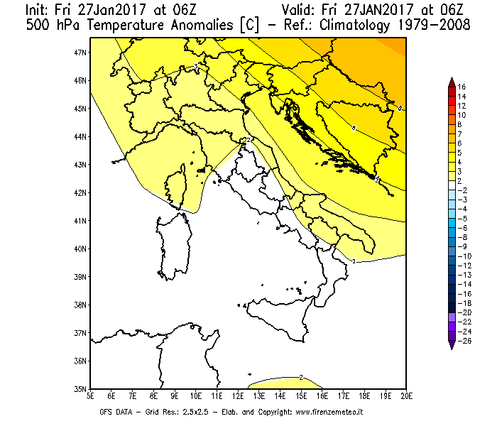Mappa di analisi GFS - Anomalia Temperatura [°C] a 500 hPa in Italia
									del 27/01/2017 06 <!--googleoff: index-->UTC<!--googleon: index-->