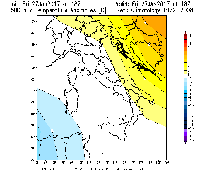 Mappa di analisi GFS - Anomalia Temperatura [°C] a 500 hPa in Italia
									del 27/01/2017 18 <!--googleoff: index-->UTC<!--googleon: index-->