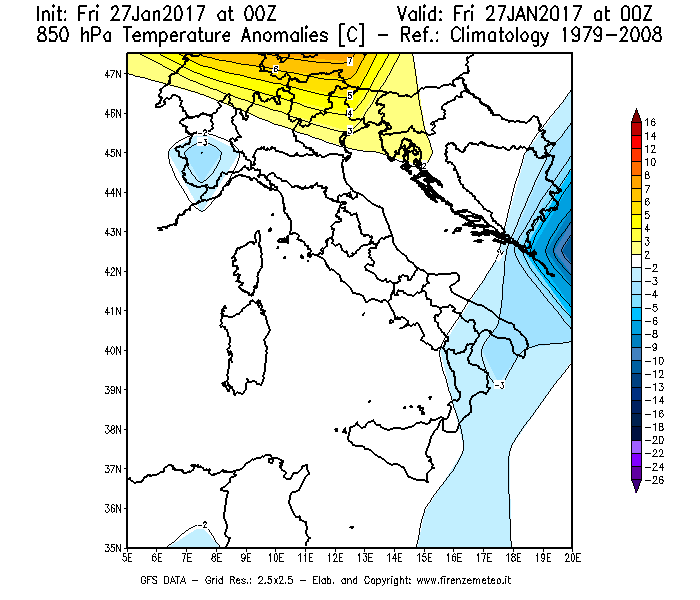 Mappa di analisi GFS - Anomalia Temperatura [°C] a 850 hPa in Italia
									del 27/01/2017 00 <!--googleoff: index-->UTC<!--googleon: index-->