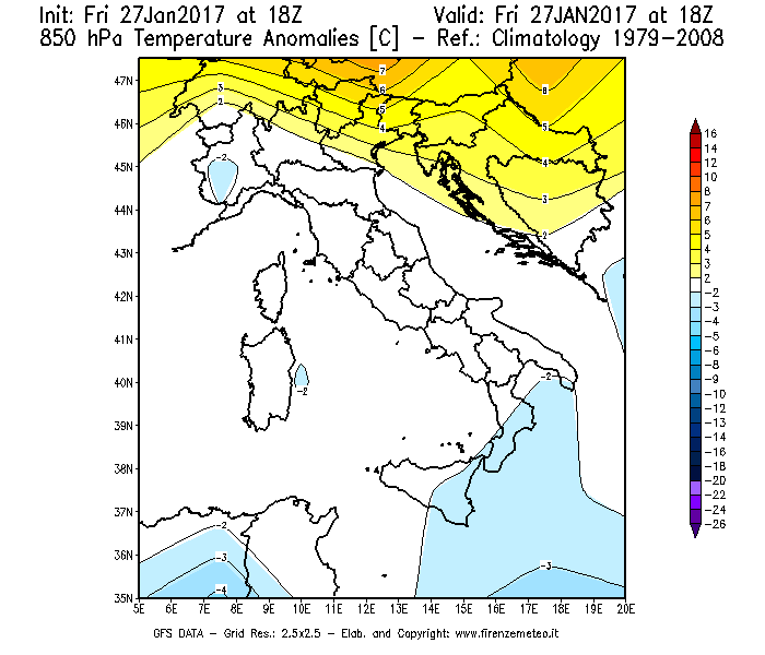 Mappa di analisi GFS - Anomalia Temperatura [°C] a 850 hPa in Italia
									del 27/01/2017 18 <!--googleoff: index-->UTC<!--googleon: index-->