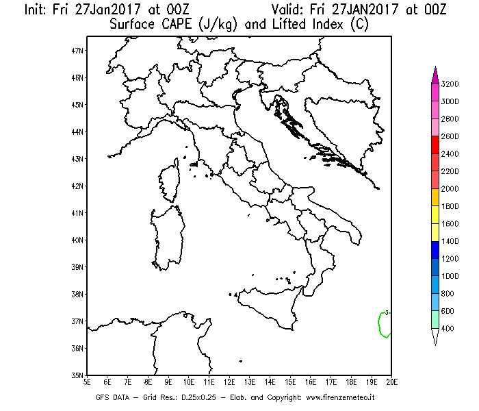 Mappa di analisi GFS - CAPE [J/kg] e Lifted Index [°C] in Italia
									del 27/01/2017 00 <!--googleoff: index-->UTC<!--googleon: index-->
