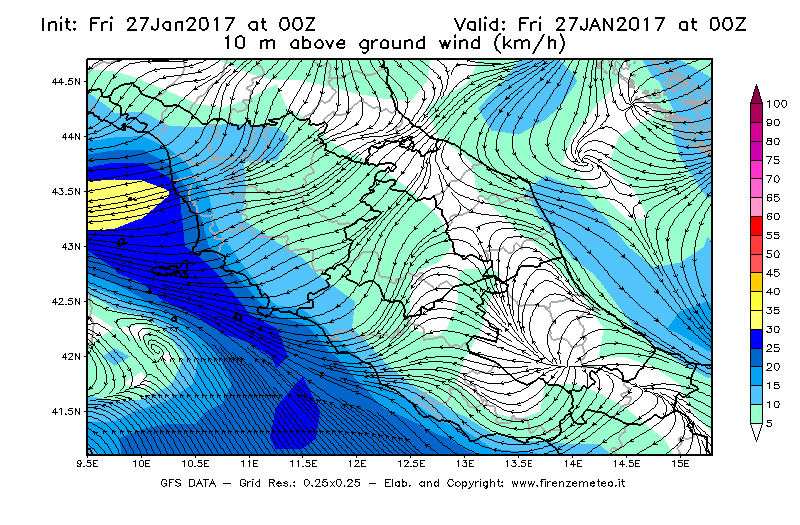 Mappa di analisi GFS - Velocità del vento a 10 metri dal suolo [km/h] in Centro-Italia
									del 27/01/2017 00 <!--googleoff: index-->UTC<!--googleon: index-->