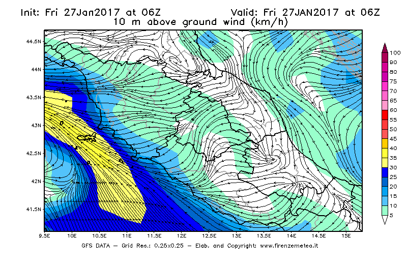 Mappa di analisi GFS - Velocità del vento a 10 metri dal suolo [km/h] in Centro-Italia
									del 27/01/2017 06 <!--googleoff: index-->UTC<!--googleon: index-->