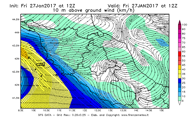Mappa di analisi GFS - Velocità del vento a 10 metri dal suolo [km/h] in Centro-Italia
									del 27/01/2017 12 <!--googleoff: index-->UTC<!--googleon: index-->