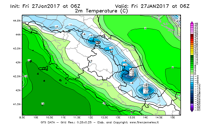 Mappa di analisi GFS - Temperatura a 2 metri dal suolo [°C] in Centro-Italia
									del 27/01/2017 06 <!--googleoff: index-->UTC<!--googleon: index-->