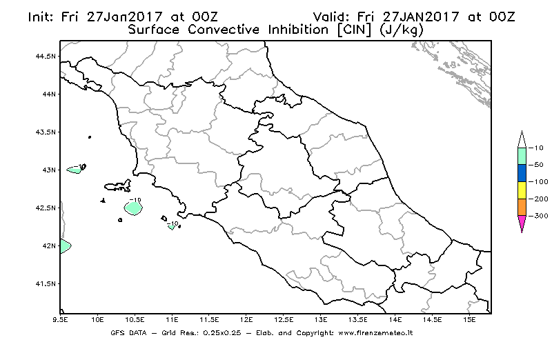 Mappa di analisi GFS - CIN [J/kg] in Centro-Italia
									del 27/01/2017 00 <!--googleoff: index-->UTC<!--googleon: index-->