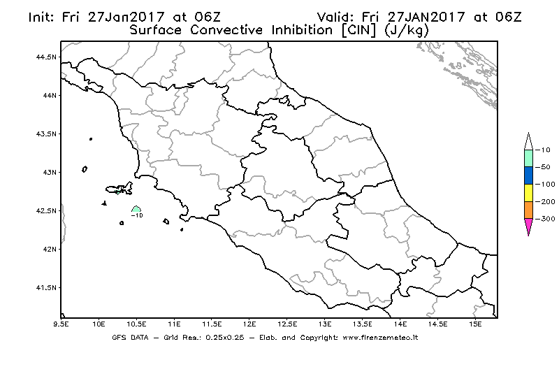 Mappa di analisi GFS - CIN [J/kg] in Centro-Italia
									del 27/01/2017 06 <!--googleoff: index-->UTC<!--googleon: index-->