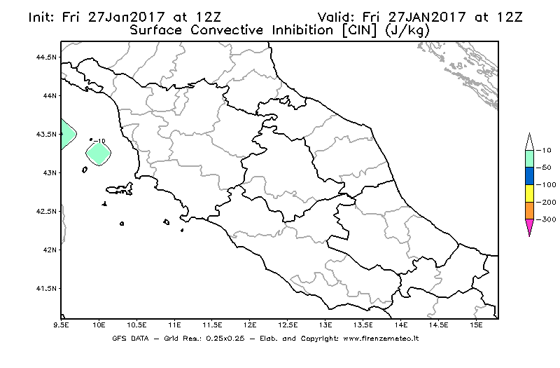 Mappa di analisi GFS - CIN [J/kg] in Centro-Italia
									del 27/01/2017 12 <!--googleoff: index-->UTC<!--googleon: index-->