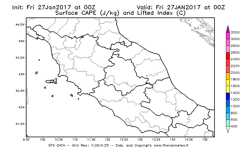 Mappa di analisi GFS - CAPE [J/kg] e Lifted Index [°C] in Centro-Italia
									del 27/01/2017 00 <!--googleoff: index-->UTC<!--googleon: index-->