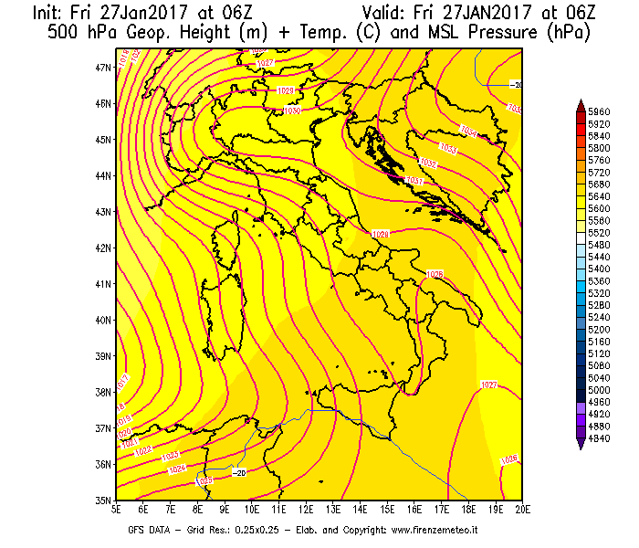 Mappa di analisi GFS - Geopotenziale [m] + Temp. [°C] a 500 hPa + Press. a livello del mare [hPa] in Italia
									del 27/01/2017 06 <!--googleoff: index-->UTC<!--googleon: index-->