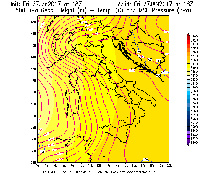 Mappa di analisi GFS - Geopotenziale [m] + Temp. [°C] a 500 hPa + Press. a livello del mare [hPa] in Italia
									del 27/01/2017 18 <!--googleoff: index-->UTC<!--googleon: index-->