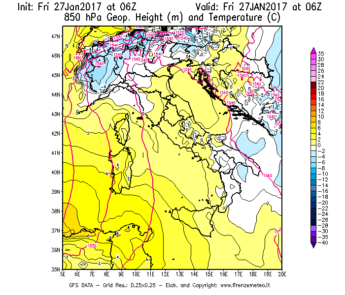Mappa di analisi GFS - Geopotenziale [m] e Temperatura [°C] a 850 hPa in Italia
									del 27/01/2017 06 <!--googleoff: index-->UTC<!--googleon: index-->