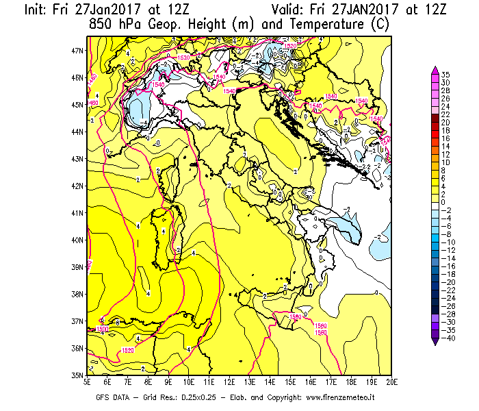 Mappa di analisi GFS - Geopotenziale [m] e Temperatura [°C] a 850 hPa in Italia
									del 27/01/2017 12 <!--googleoff: index-->UTC<!--googleon: index-->