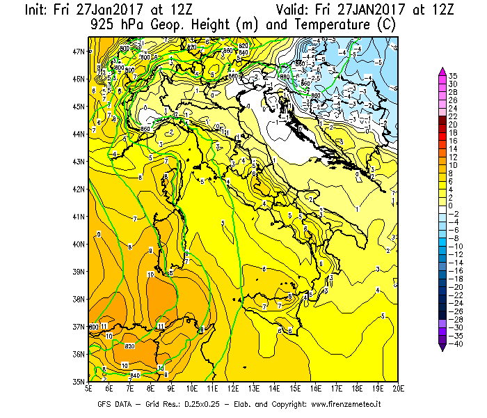 Mappa di analisi GFS - Geopotenziale [m] e Temperatura [°C] a 925 hPa in Italia
									del 27/01/2017 12 <!--googleoff: index-->UTC<!--googleon: index-->