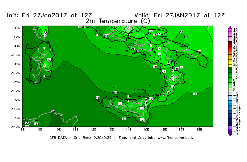 Mappa di analisi GFS - Temperatura a 2 metri dal suolo [°C] in Sud-Italia
									del 27/01/2017 12 <!--googleoff: index-->UTC<!--googleon: index-->