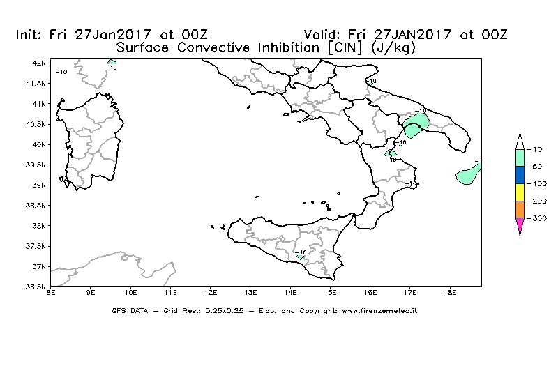 Mappa di analisi GFS - CIN [J/kg] in Sud-Italia
									del 27/01/2017 00 <!--googleoff: index-->UTC<!--googleon: index-->