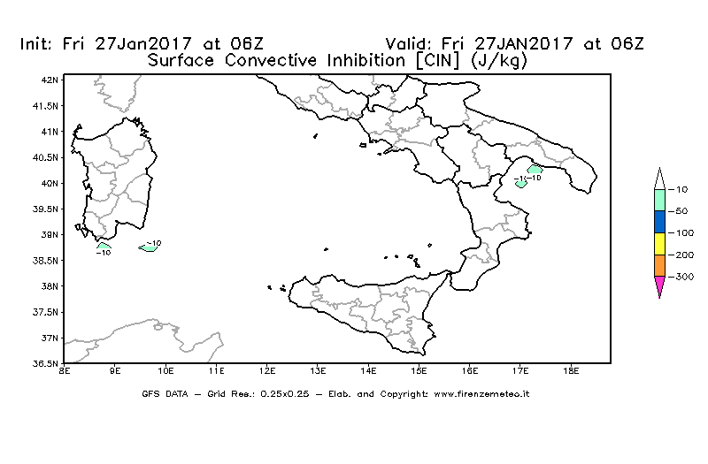 Mappa di analisi GFS - CIN [J/kg] in Sud-Italia
									del 27/01/2017 06 <!--googleoff: index-->UTC<!--googleon: index-->