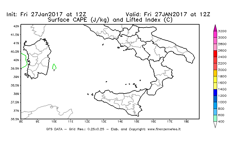 Mappa di analisi GFS - CAPE [J/kg] e Lifted Index [°C] in Sud-Italia
									del 27/01/2017 12 <!--googleoff: index-->UTC<!--googleon: index-->