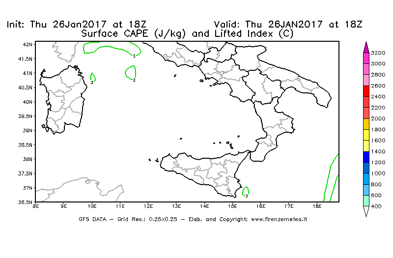 Mappa di analisi GFS - CAPE [J/kg] e Lifted Index [°C] in Sud-Italia
									del 27/01/2017 18 <!--googleoff: index-->UTC<!--googleon: index-->