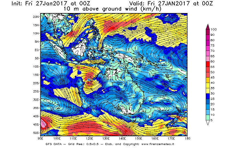 Mappa di analisi GFS - Velocità del vento a 10 metri dal suolo [km/h] in Oceania
									del 27/01/2017 00 <!--googleoff: index-->UTC<!--googleon: index-->