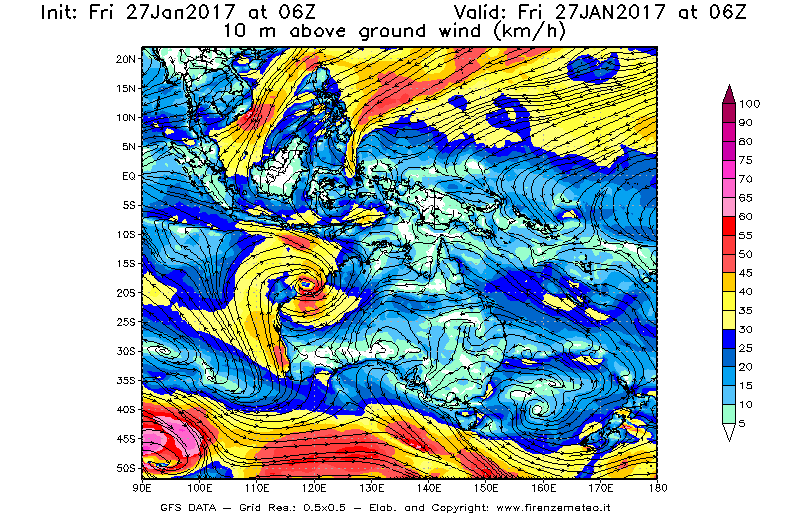 Mappa di analisi GFS - Velocità del vento a 10 metri dal suolo [km/h] in Oceania
									del 27/01/2017 06 <!--googleoff: index-->UTC<!--googleon: index-->