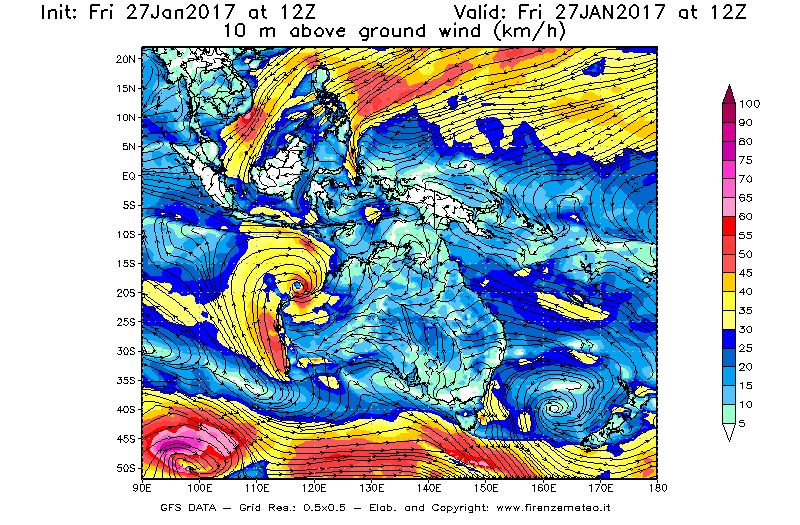 Mappa di analisi GFS - Velocità del vento a 10 metri dal suolo [km/h] in Oceania
									del 27/01/2017 12 <!--googleoff: index-->UTC<!--googleon: index-->