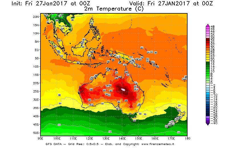 Mappa di analisi GFS - Temperatura a 2 metri dal suolo [°C] in Oceania
									del 27/01/2017 00 <!--googleoff: index-->UTC<!--googleon: index-->
