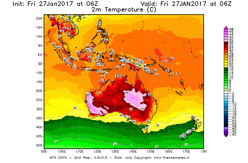 Mappa di analisi GFS - Temperatura a 2 metri dal suolo [°C] in Oceania
									del 27/01/2017 06 <!--googleoff: index-->UTC<!--googleon: index-->